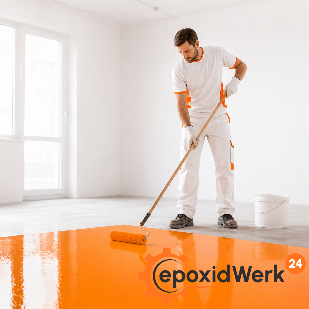EpoxidWerk24-Motiv: Bodenbeschichtung wird mit einer Rolle aufgetragen.